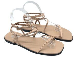 Marc Fisher Nalica Beige Strappy Studded Sandals Ankle Strap Flats Leather 8.5 M